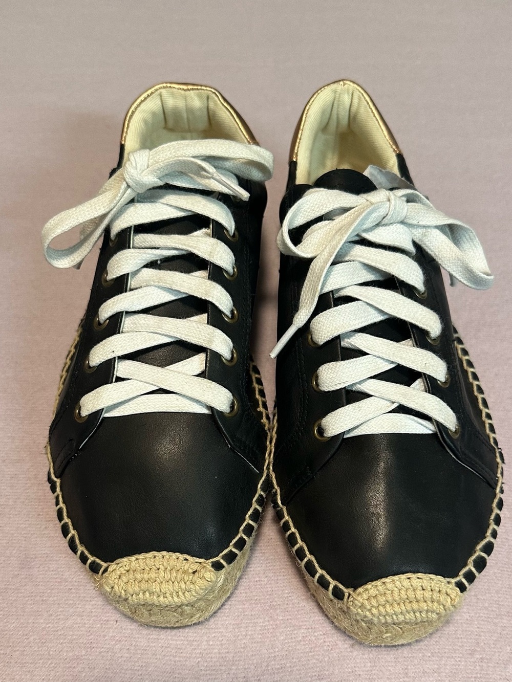 Soludos Black Leather Espadrille Lace-Up Sneakers with White Laces